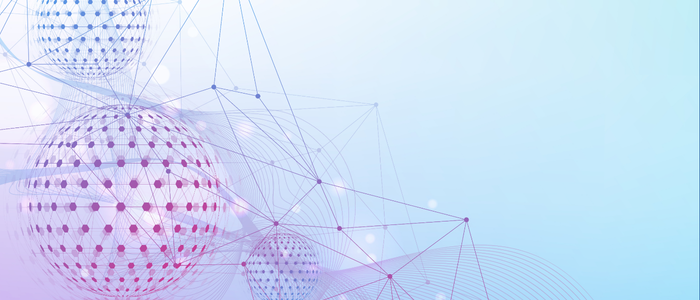 Pink and blue dots arranged in circles and lines on a blue gradient background and connected by lines.