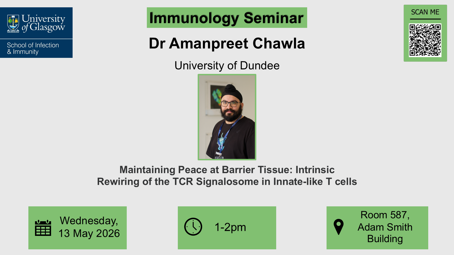 Flyer for Immunology seminar, Dr Amanpreet Chawla of which the date, time, location and title are included in the accompanying text