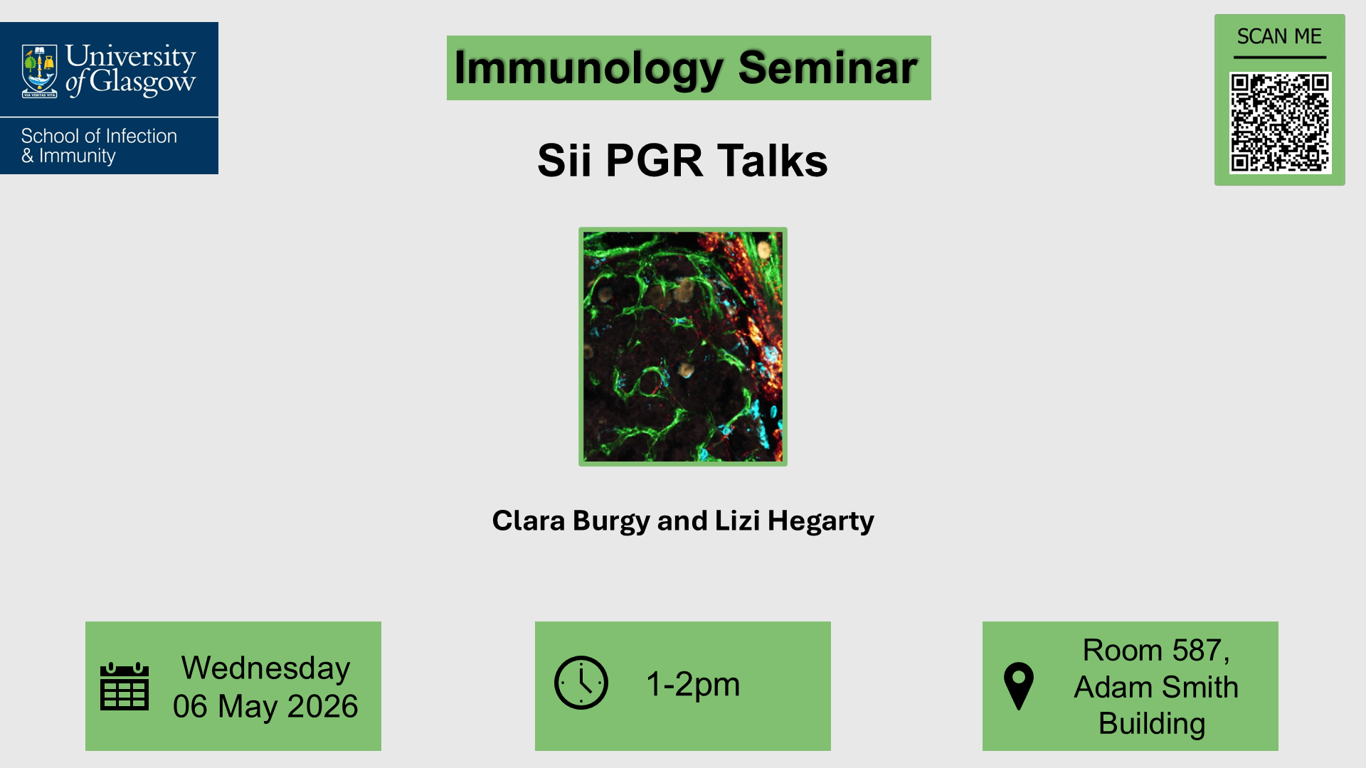 Flyer for Immunology seminar, Sii PGR Talk, of which the date, time and location are included in the accompanying text