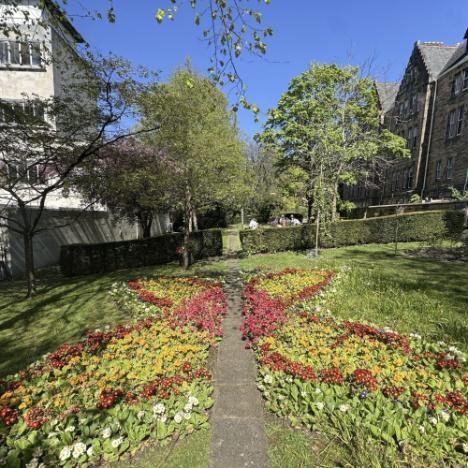 University Memorial Garden showing flowerbeds in the shape of a butterfly