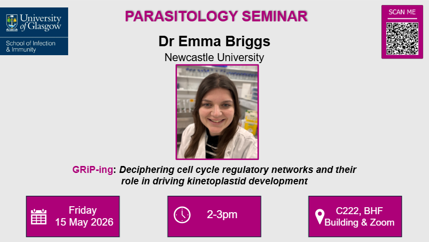 Flyer for Parasitology seminar, Dr Emma Briggs, of which the date, time, location and title are included in the accompanying text