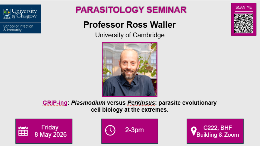Flyer for Parasitology seminar, Professor Ross Waller, of which the date, time, location and title are included in the accompanying text