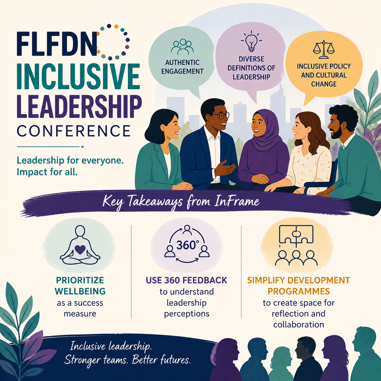 Illustrated graphic promoting the FLFDN Inclusive Leadership Conference. On the left, the conference title appears with the tagline “Leadership for everyone. Impact for all.” On the right, an illustration shows a diverse group of people in conversation, with speech bubbles highlighting “Authentic engagement,” “Diverse definitions of leadership,” and “Inclusive policy and cultural change.” Below, a section titled “Key takeaways from InFrame” presents three icons and messages: prioritising wellbeing as a success measure, using 360‑degree feedback to understand leadership perceptions, and simplifying development programmes to create space for reflection and collaboration.