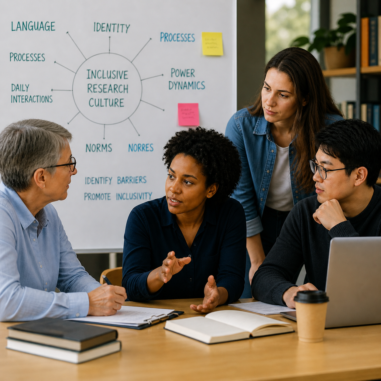 A group of four people sit around a table in a meeting room, engaged in discussion. One person gestures while speaking, and others listen and take notes. Behind them, a whiteboard displays a diagram titled “Inclusive Research Culture” with connected themes including language, identity, processes, power dynamics, norms, and daily interactions, along with notes about identifying barriers and promoting inclusivity.