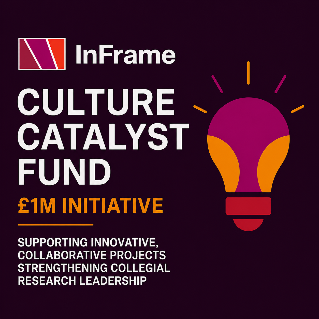 Graphic promoting the InFrame Culture Catalyst Fund. On a dark purple background, the InFrame logo and the text “Culture Catalyst Fund” appear alongside “£1M Initiative.” A large stylised lightbulb icon in pink and orange sits on the right, symbolising ideas and innovation. Below, text reads: “Supporting innovative, collaborative projects strengthening collegial research leadership.”