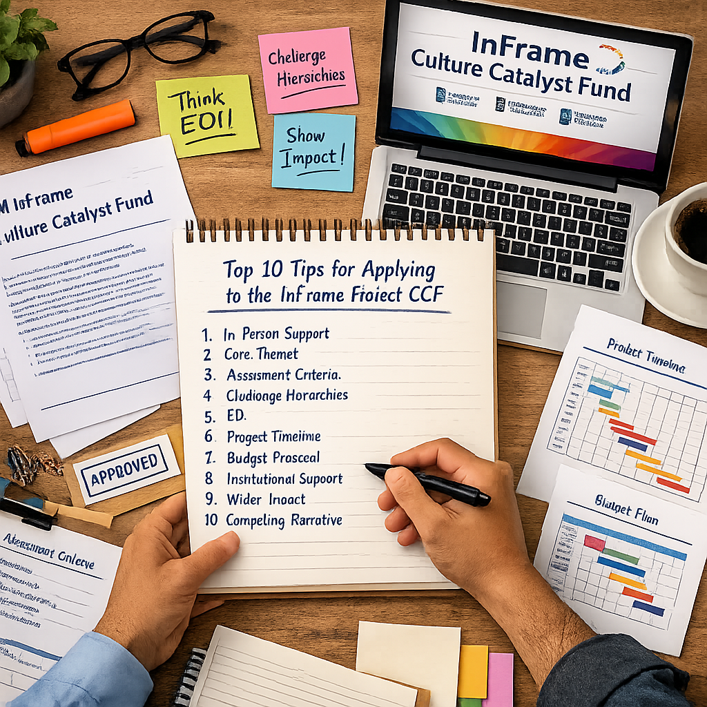 Overhead view of a desk workspace showing materials for applying to the InFrame Culture Catalyst Fund. At the centre, a notepad titled “Top 10 Tips for Applying to the InFrame Project CCF” lists key points such as assessment criteria, budgets, timelines, institutional support, and narrative. Surrounding it are printed funding documents, a laptop screen displaying “InFrame Culture Catalyst Fund,” coloured sticky notes with prompts like “Think EDI,” “Challenge hierarchies,” and “Show impact,” along with charts, a pen, glasses, and a coffee cup, suggesting preparation and planning for a funding application.