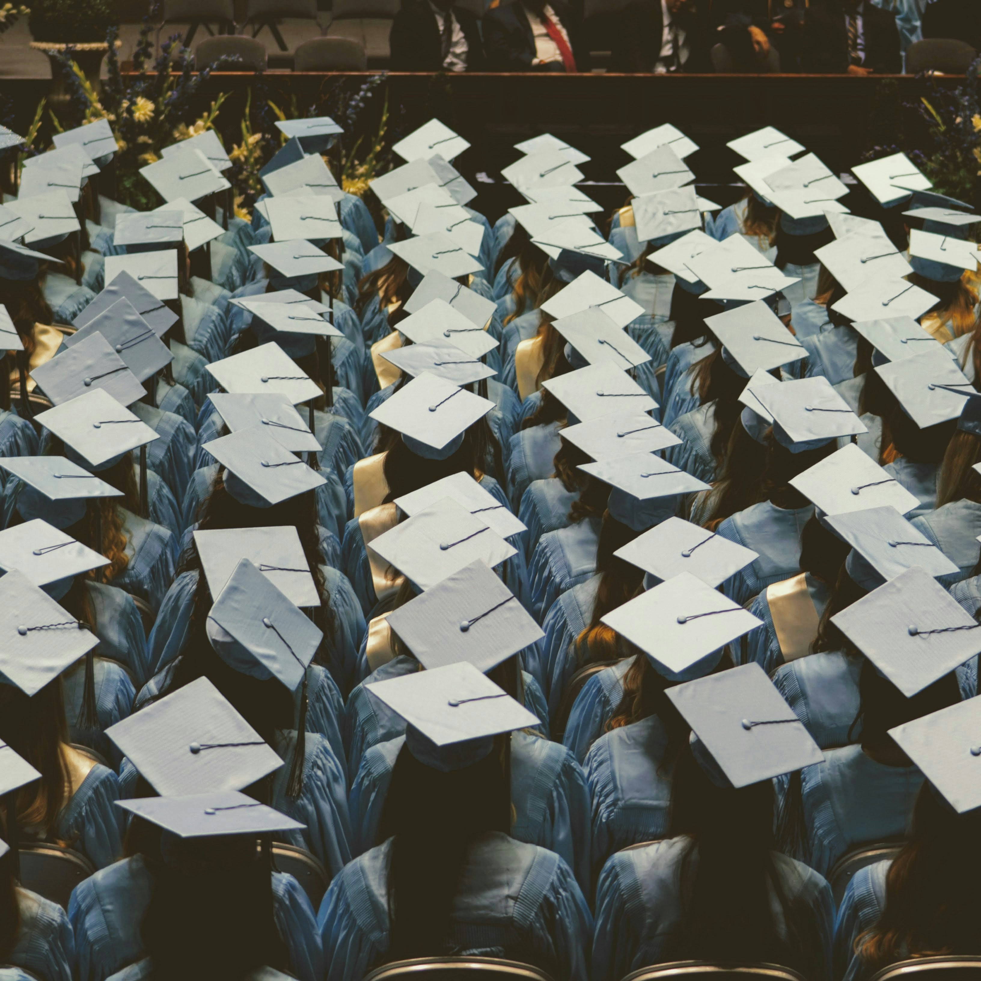 Overhead view of graduates seated in rows wearing caps and gowns, seen from behind during a graduation ceremony.