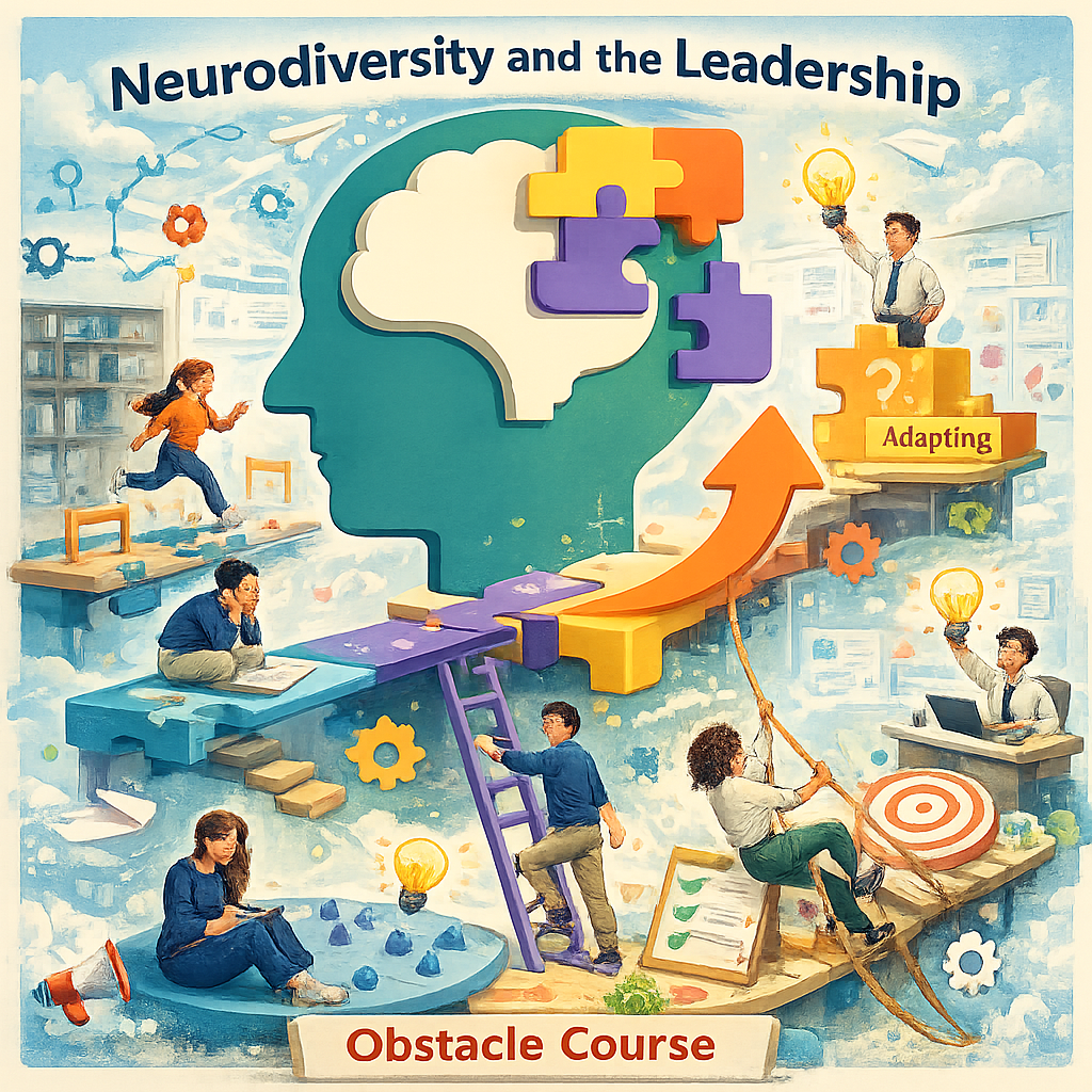 Illustration showing a side profile of a head filled with colourful puzzle pieces, with people navigating an obstacle‑course‑like path around it, representing neurodiversity and leadership.