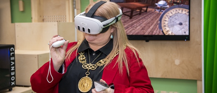 A woman in a VR headset