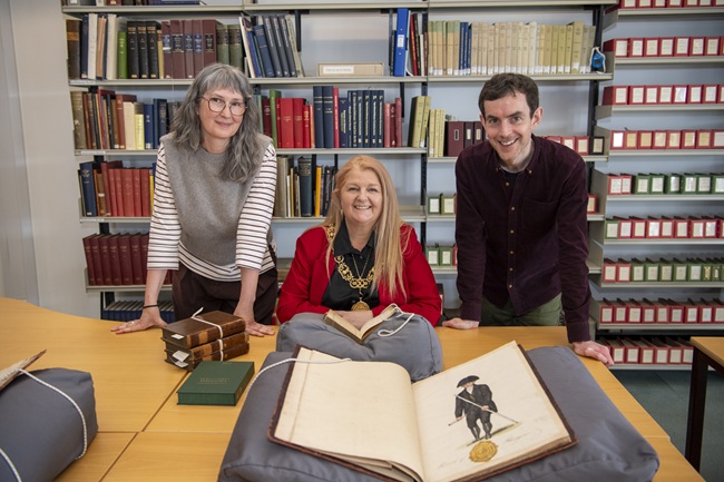 UofG Library staff Louisa Coles and Michael Gallagher with Glasgow Lord Provost Jacqueline McLaren