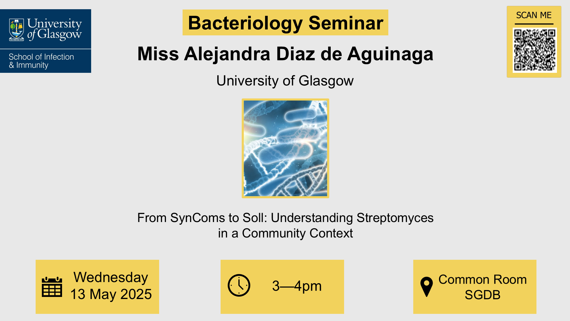 Flyer for Bacteriology seminar, Alejandra Diaz de Aguinaga, of which the date, time, location and title are included in the accompanying text