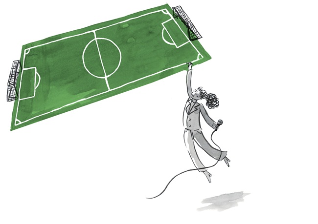 Logo featuring a football with a woman holding a microphone in her hand hanging off it