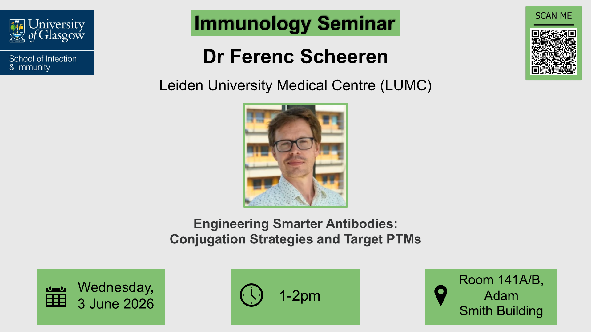 Flyer for Immunology seminar, Dr Ferenc Sheeren, of which the date, time, location and title are included in the accompanying text
