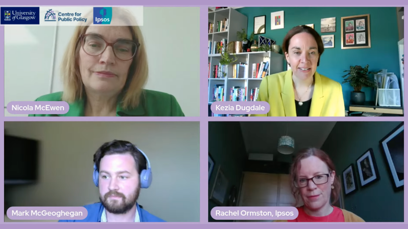 A screenshot of the webinar featuring speakers Nicola McEwen, Kezia Dugdale, Mark McGeoghegan, and Rachel Ormiston