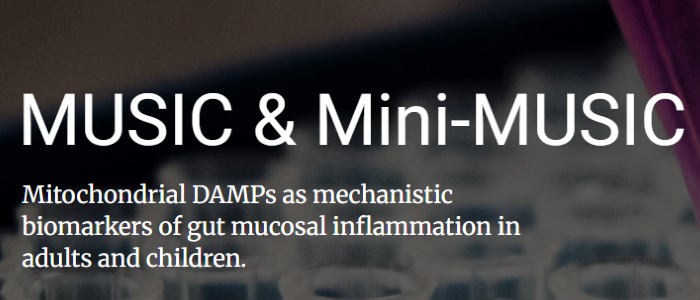 Text over a blurred background of laboratory equipment reads: ‘MUSIC & Mini‑MUSIC — Mitochondrial DAMPs as mechanistic biomarkers of gut mucosal inflammation in adults and children.’ The background shows out‑of‑focus test tubes and scientific lab materials.