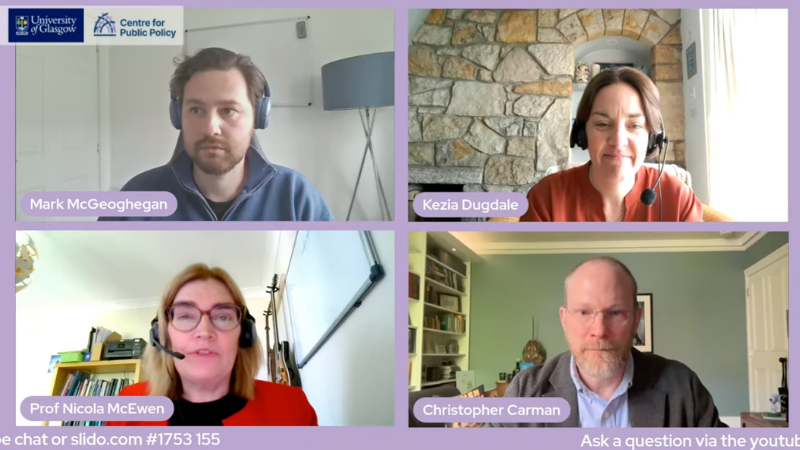 A screenshot from the webinar featuring speakers Mark McGeoghegan, Kezia Dugdale, Nicola McEwen, Chris Carman