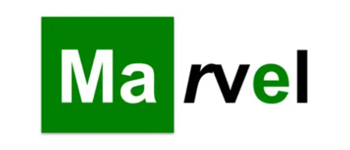 Logo styled like a chemistry element: a green square containing the white letters “Ma”, followed by the remaining letters “rvel” in black and green on a white background, resembling the Marvel name.