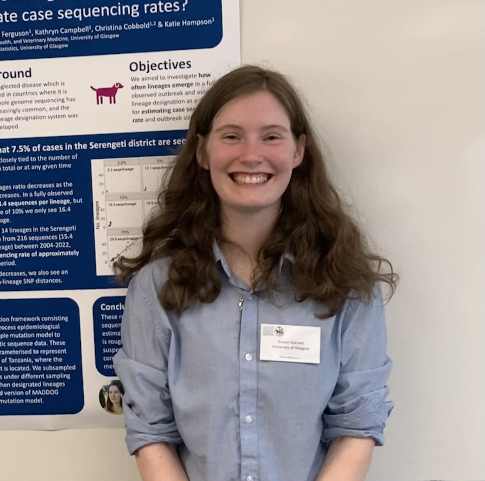 Rowan standing in front of a poster at a conference.