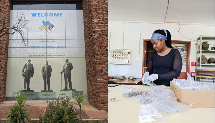 Composite image of the museum entrance and student examining archaebotanical samples