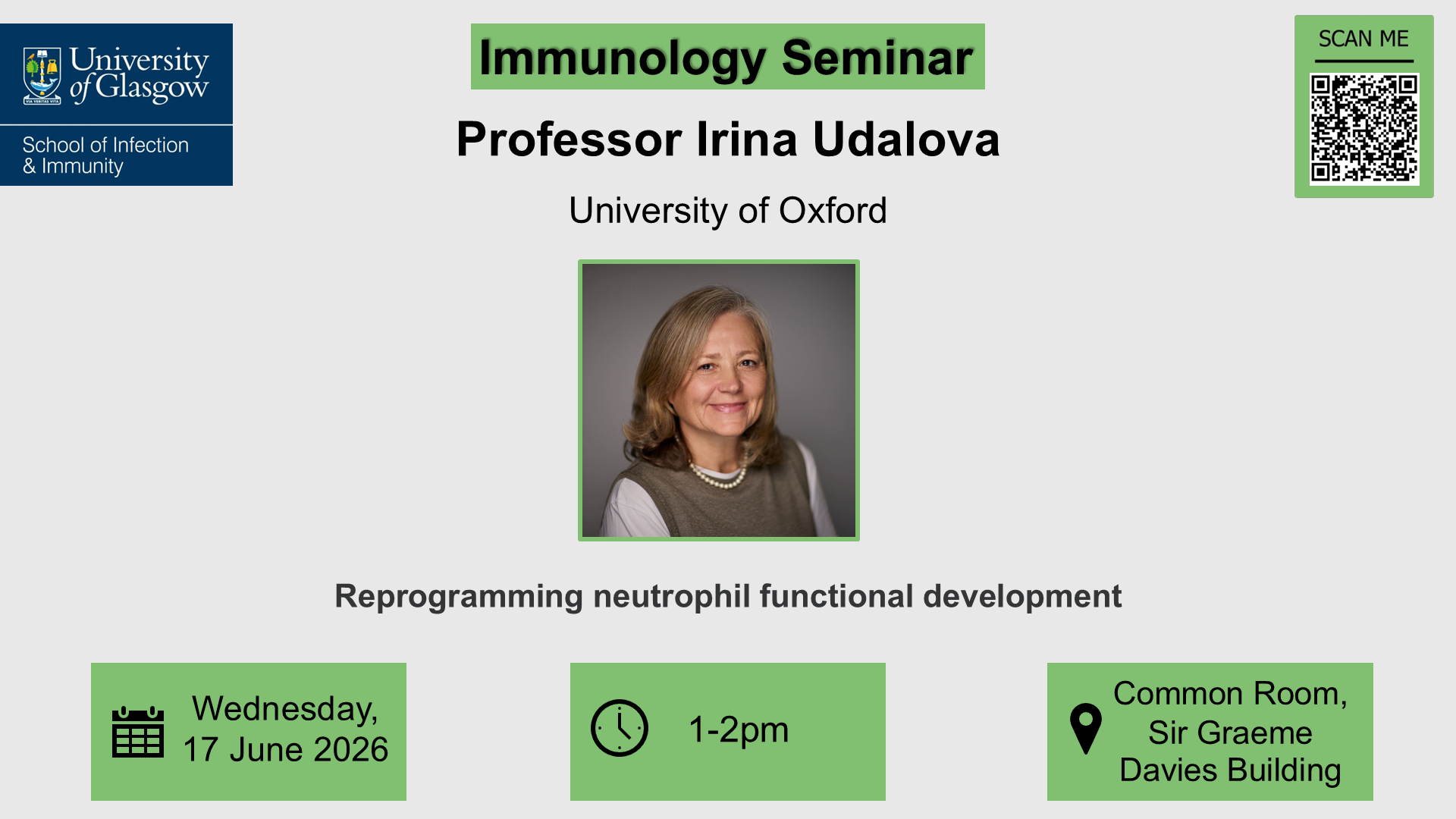 Flyer for Immunology seminar, Professor Irina Udalova, of which the date, time, location and title are included in the accompanying text