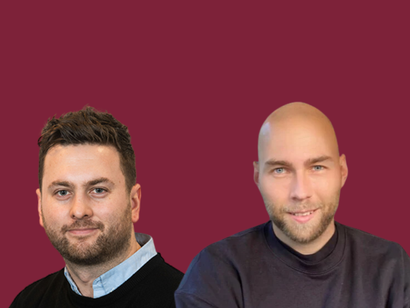 Professor Dominic Chalmers and Doctor Felix Honecker Headshot on a solid burgundy background