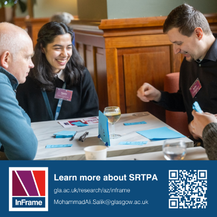 Three people sit around a table taking part in a collaborative workshop activity, with blue cards, pens and a table sign visible. A banner below shows the InFrame logo, contact details and a QR code.