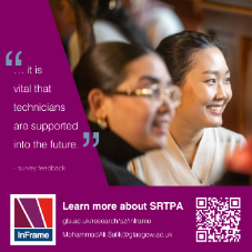 Two participants sit side by side in a workshop setting, with a highlighted quote about supporting technicians and an InFrame banner with contact details and a QR code below.