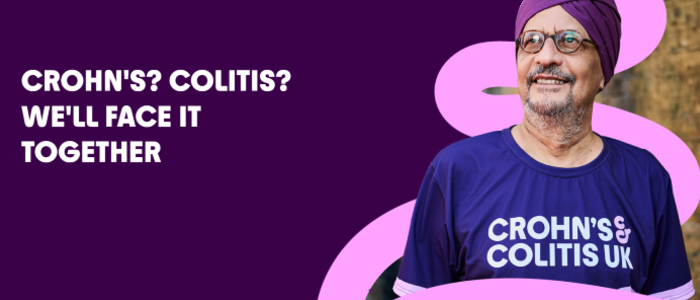 Promotional graphic for Crohn's & Colitis UK featuring a smiling man wearing glasses, a purple headwrap and a Crohn's & Colitis UK t-shirt. White text on a purple background reads, 'Crohn's? Colitis? We'll face it together