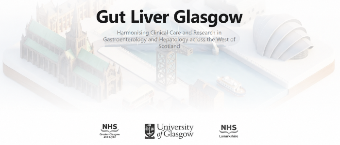 Banner for Gut Liver Glasgow featuring a soft, illustrated cityscape of Glasgow landmarks, including Glasgow Cathedral, the River Clyde, and the SEC Armadillo. Large text reads 'Gut Liver Glasgow' with the subtitle 'Harmonising Clinical Care and Research in Gastroenterology and Hepatology across the West of Scotland'. Logos for NHS Greater Glasgow and Clyde, the University of Glasgow, and NHS Lanarkshire appear along the bottom.