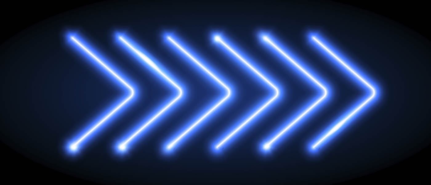 a neon sign of blue arrows