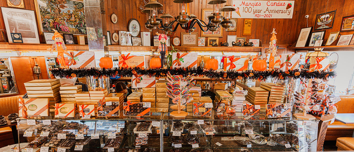 A display cabinet at Margies Candies sweet shop in Chicago