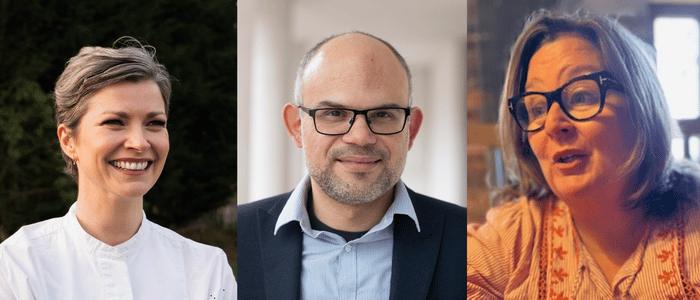 Three headshots (from L to R) a smiling grey-ish woman, a bald man in glasses, a woman in glasses talking