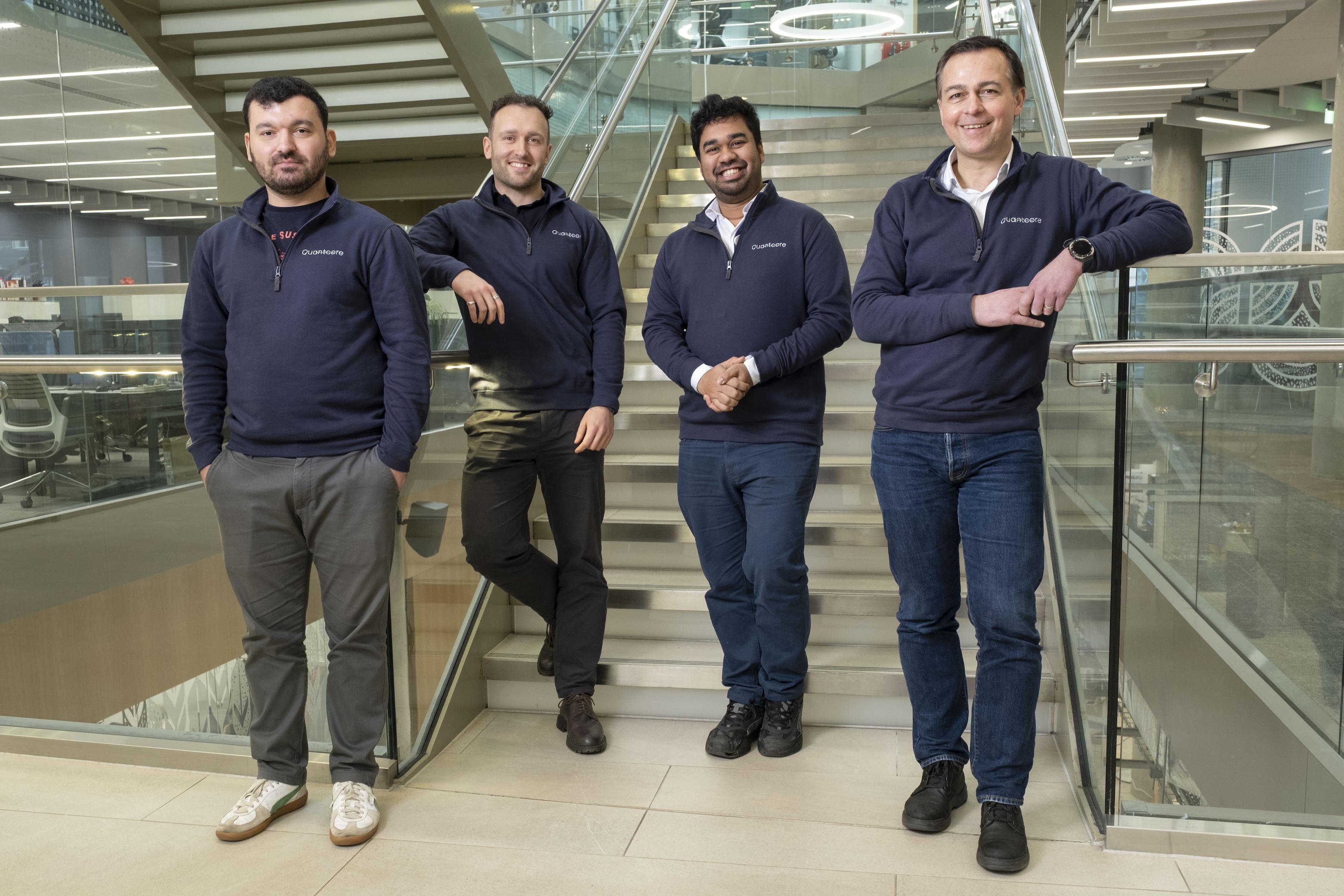 Pictured left to right, Quantcore co-founders Dr Valentino Seferai (CTO), Dr Jack Brennan (CEO), Wridhdhisom Karar (Measurement Lead), and Prof Martin Weides (Scientific Advisor)