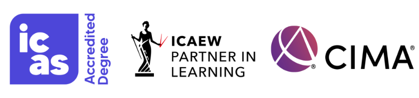 Accounting and Finance Accreditations logos in colour over a white background: Institute of Chartered Accountants of Scotland (ICAS), Chartered Institute of Management Accountants (CIMA), and Institute of Chartered Accountants in England and Wales (ICAEW).