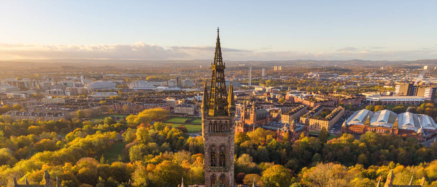 Drone shot behind the tower looking south over Glasgow