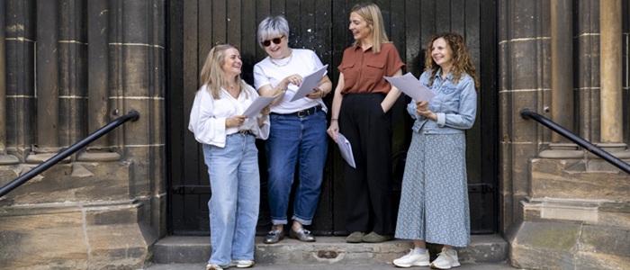 L to R: Laura Nichol, Alison Brown, Lori Delaney, and Gillian Shirreffs. Laura, Alison and Gillian along with Lori helped to co-create the play with a range of people with lived experience of cancer.  Credit Martin Shields