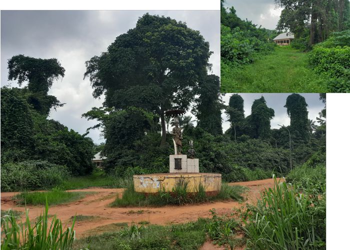 Composite showing a statue in a forest clearing and a smaller image showing a pathway to a dwelling
