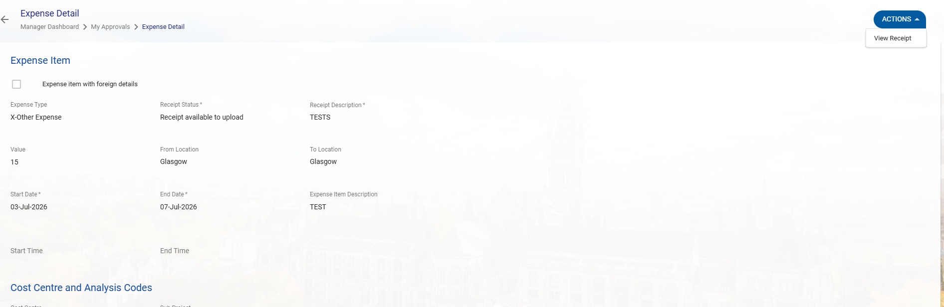 Screenshot showing the actions button top right and the view receipt option which managers need to select