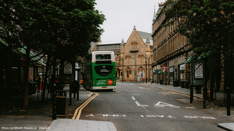 A street with a bus in Dundee, Scotland