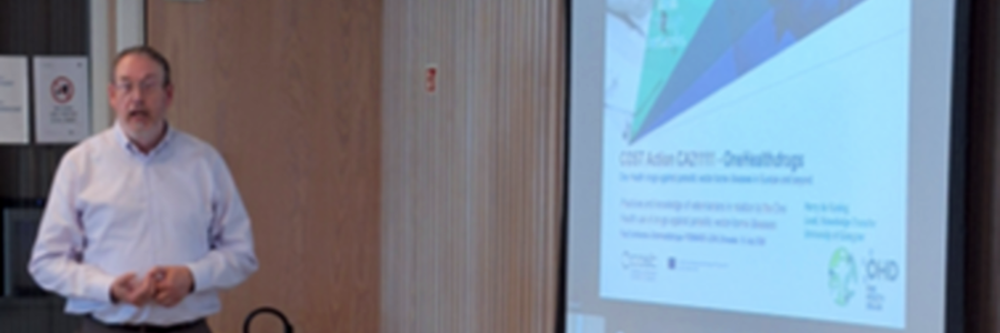 Professor Harry De Koning stands beside a projection screen while delivering a presentation at a European Cooperation in Science and Technology (COST) workshop on drug development.