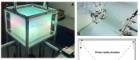 A graphic depicting the virtual reality set-up for fish, including a cube-shaped tank and images of fish