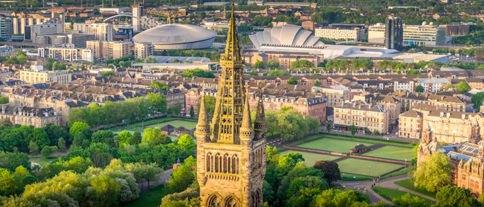 An aerial drone shot of the Gilbert Scott Building looking south