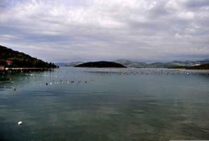 A Scottish loch with a cloudy sky and mountainous background with a mussel farm