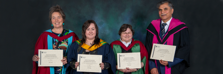Professor Olwyn Byron, Miss Bethany Mansfield, Dr Lesley Hamilton and Professor Adnan Al-Hindi pose with their University of Glasgow Teaching Excellence Award certificates after receiving recognition for the Practical Resources for Gaza Students (PRGS) initiative at the 2026 graduation ceremonies.