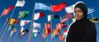 Collage of flags and student