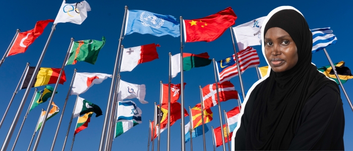 Collage of flags and student