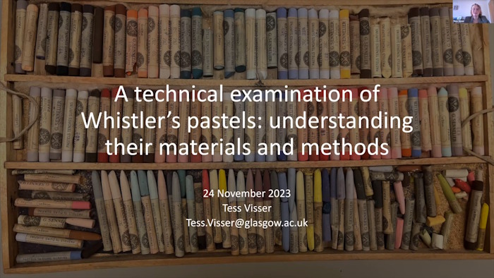 Books on a bookshelf with text for Whistler's Pastels Friday Focus youtube video
