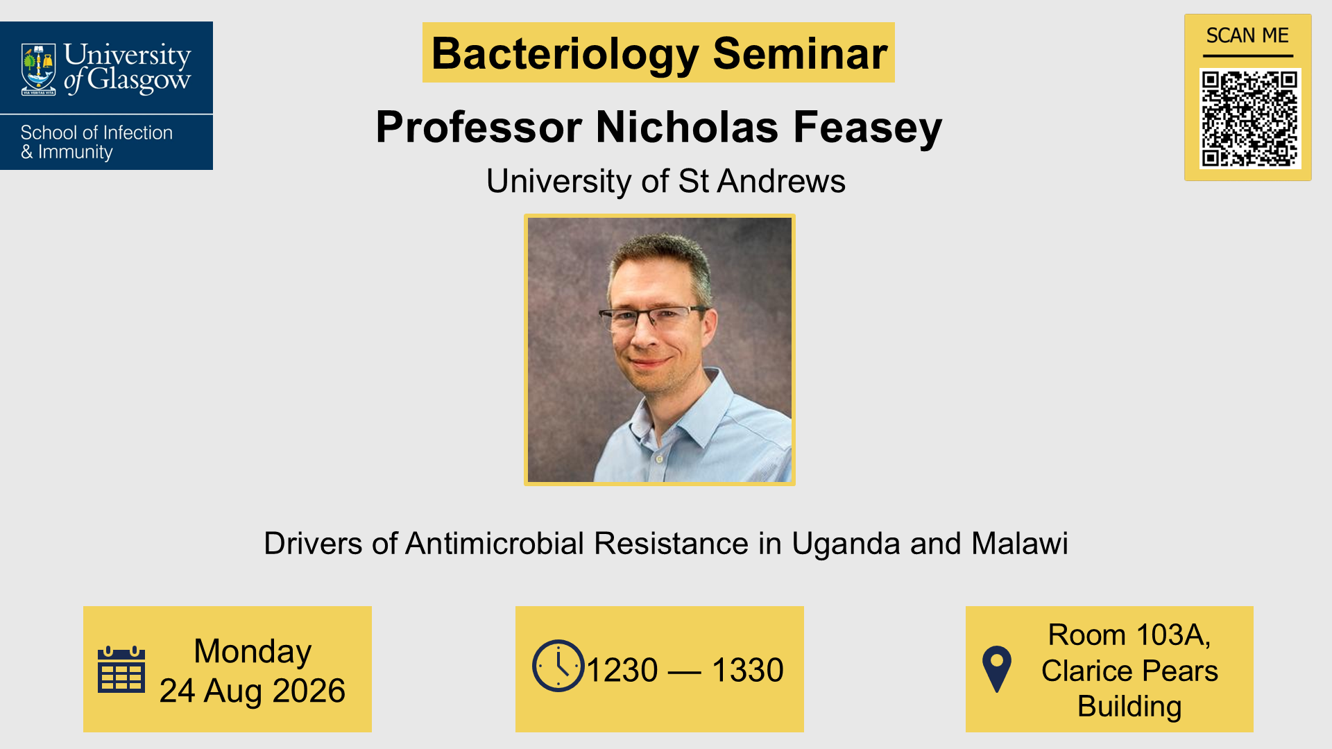 Flyer for Bacteriology seminar, Professor Nicholas Feasey, of which the date, time, location and title are included in the accompanying text
