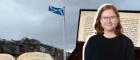 Photo of Scotland flag, computer and student