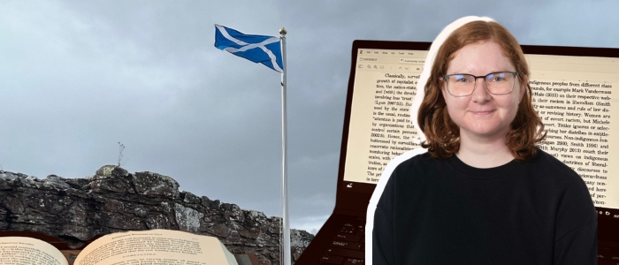 Photo of Scotland flag, computer and student